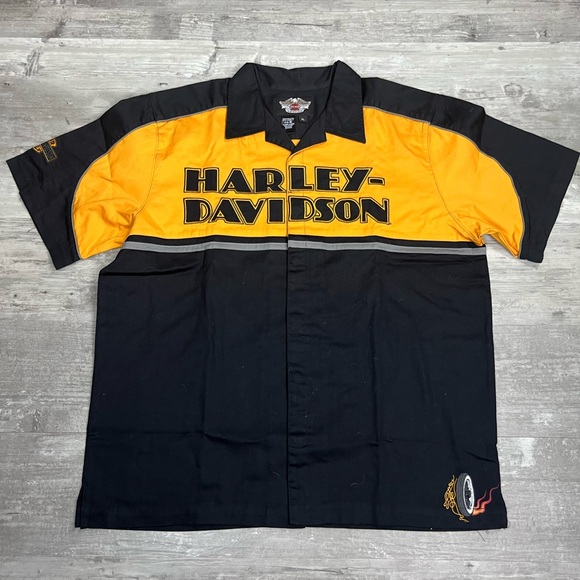 Harley Davidson Yellow & Black Embroidered Biker Shirt XL - Picture 1 of 6